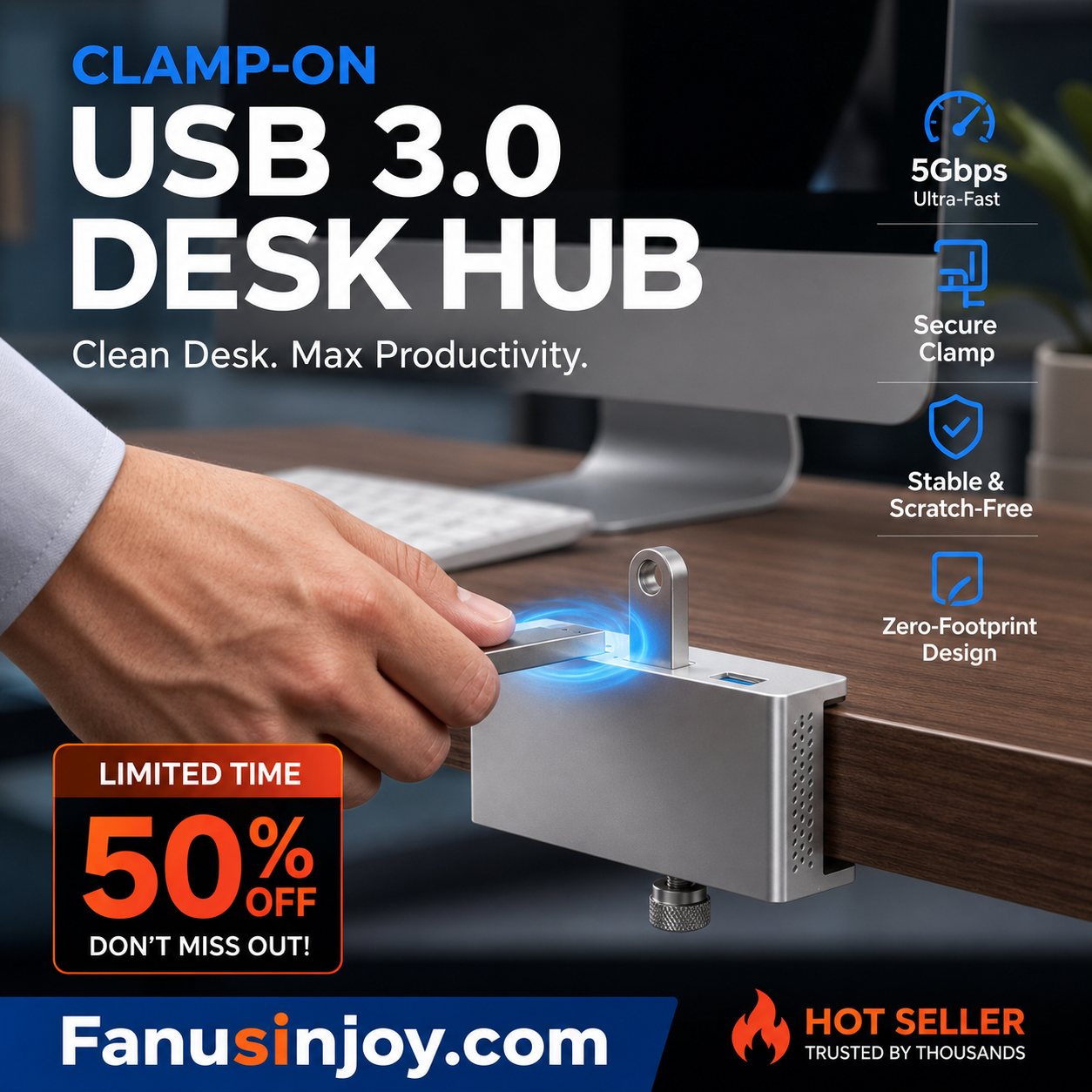 💥Begrenzte Zeit 50% Rabatt! 🖥️Schluss mit Kabelchaos! Klemm-USB-3.0-Hub aus Aluminiumlegierung – 4-Port-Dockingstation