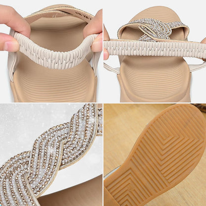 Ikke -sklip sandaler med kilehæl og rhinestones og myk såle
